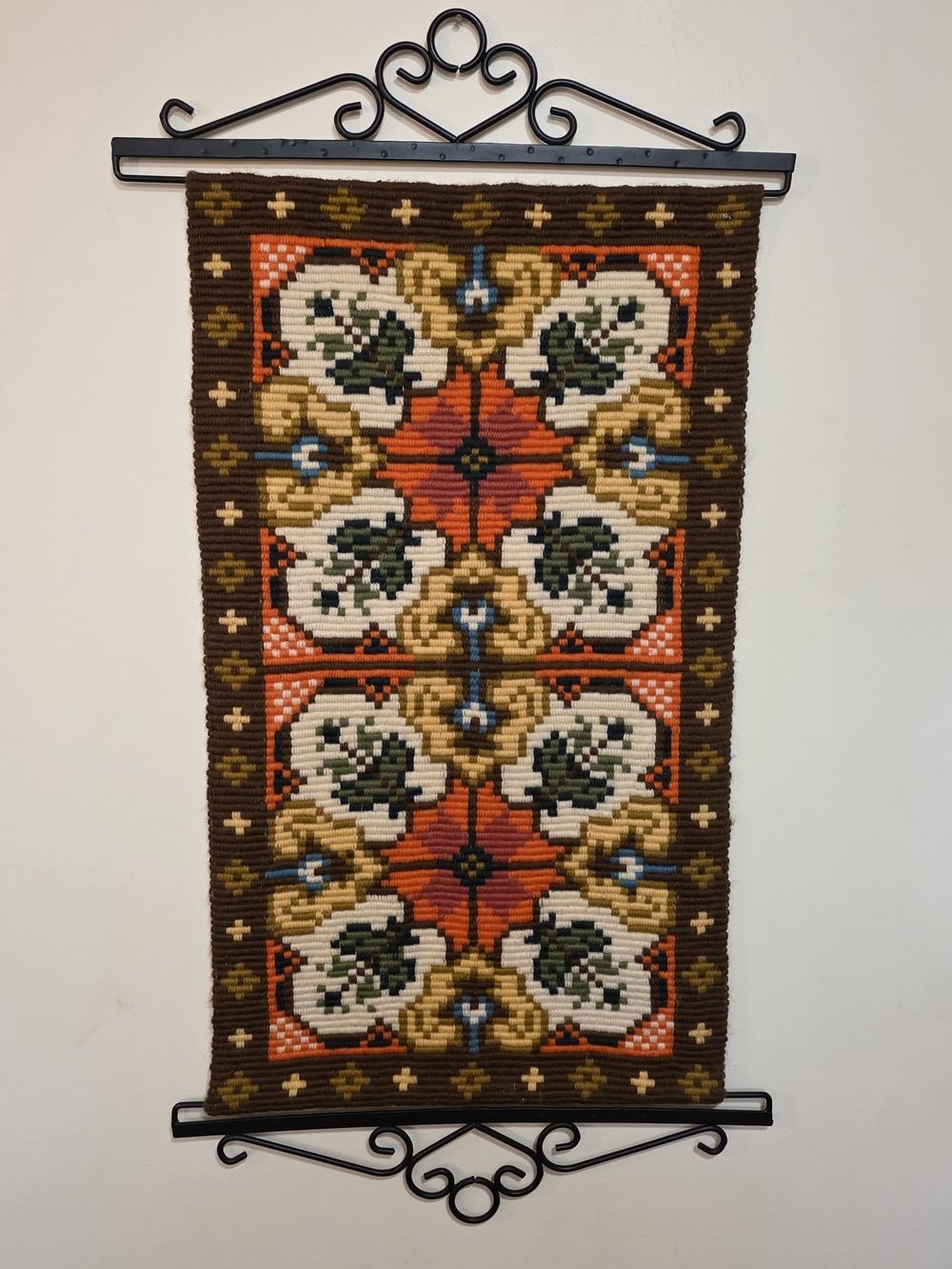 Huge Handwoven 70s Brown and Orange Floral Tapestry Wall Hanging